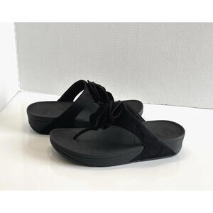 Fitflop Yoko Sandal Womens Sz 9 Black Suede Rosette Floral Wedge Thong Flip Flop